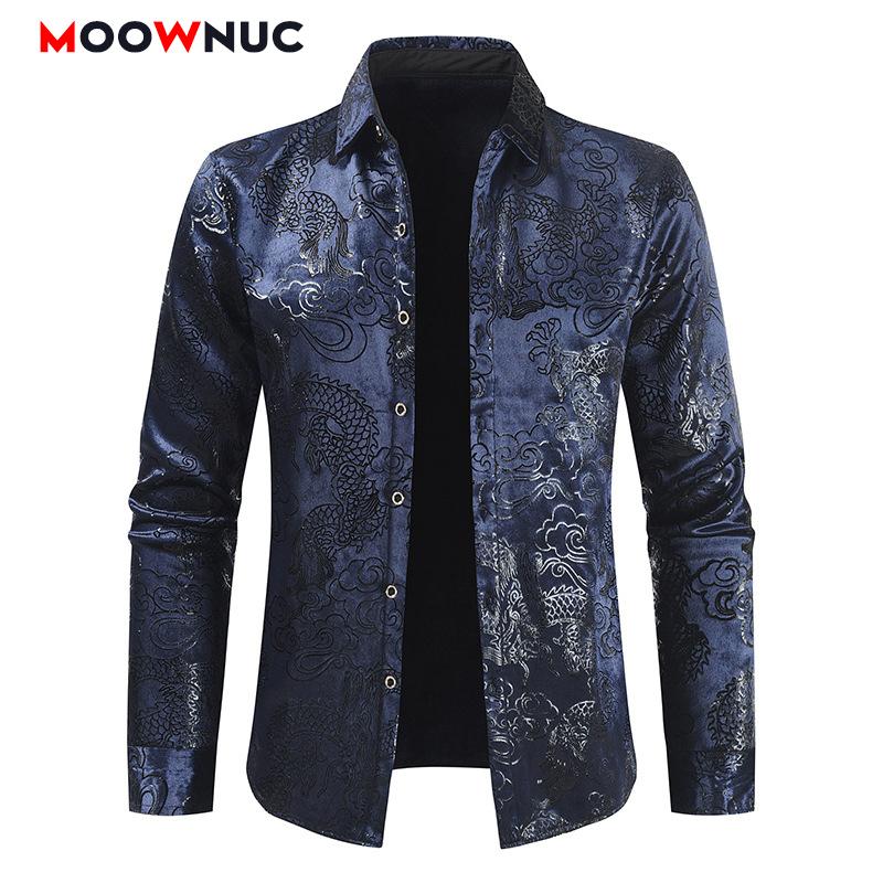 

Hombre Shirts Costume Personality Printed Dragon Fashion Men Shirts Velvet Host Spring Autumn Male Long Sleeve Slim Casual Men, Black