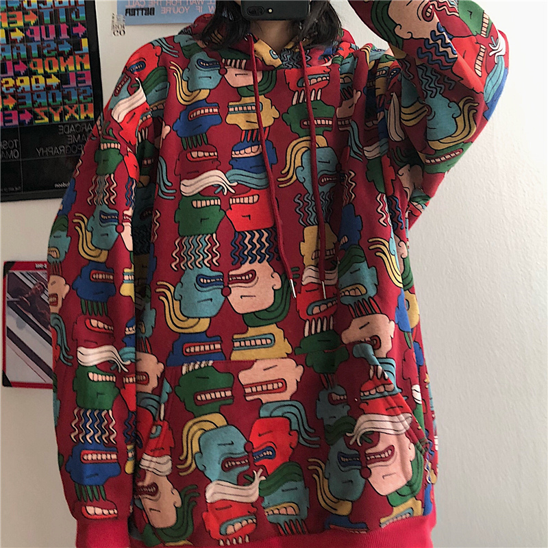 

Februaryfrost Harajuku Women Pullovers Oversized Print Sweatshirt Korean Style Hood Hooded Women's Tops Loose Coat Streetwear Clothes, Black