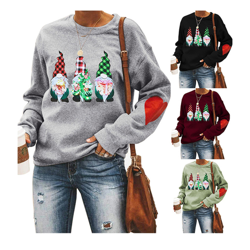 

Autumn New Style American Three Christmas Old Men's Love Printed Round Neck And Long Sleeve Women Hoodies T-Shirt, Black