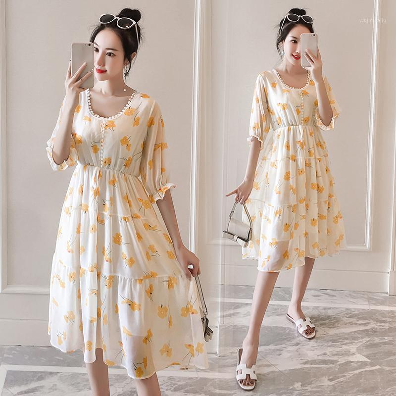 

1837-1# Maternity Dress Summer Nursing Chiffon Short Sleeve Loose Stylish Dress for Pregnant Women Mom1, White pregnancy