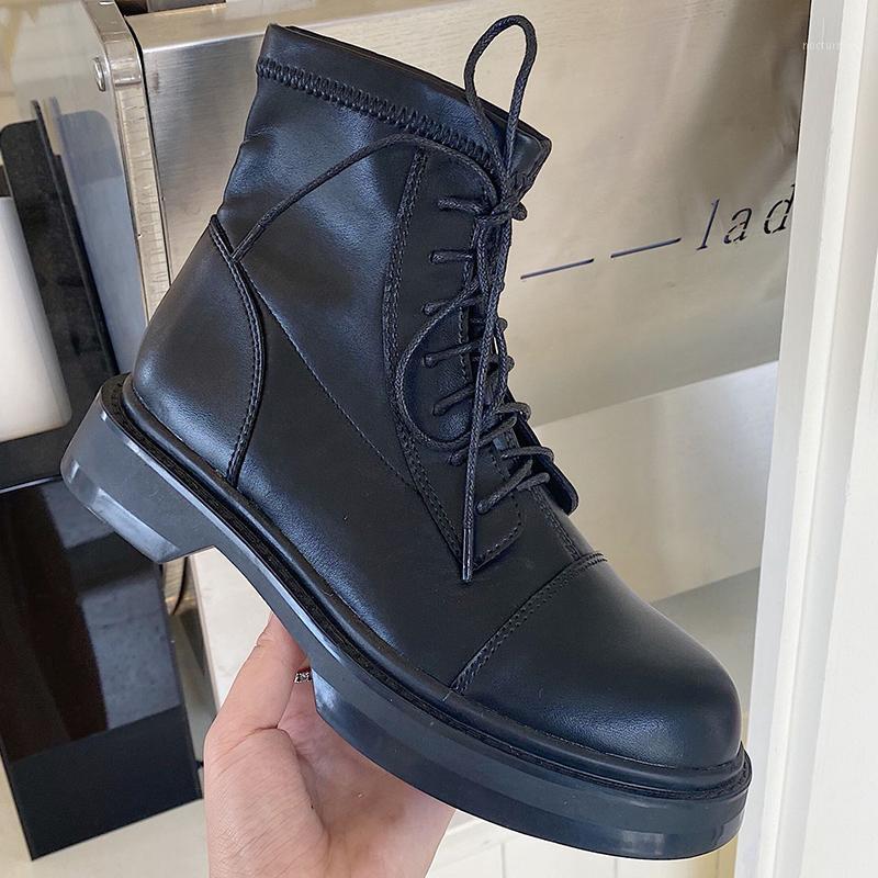 

2020 Winter Fashion Women Leather Round Toe Ankle Boots Medium Heels Short Boots Lace Up Black Lady Valentine Shoes1