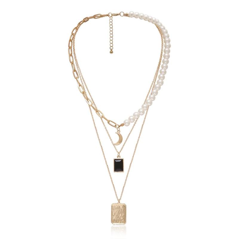 

Multilayer Vintage Gold Color Moon Square Pendant Necklace Punk Imitation Pearls Chain Necklace For Women Gift Jewelry