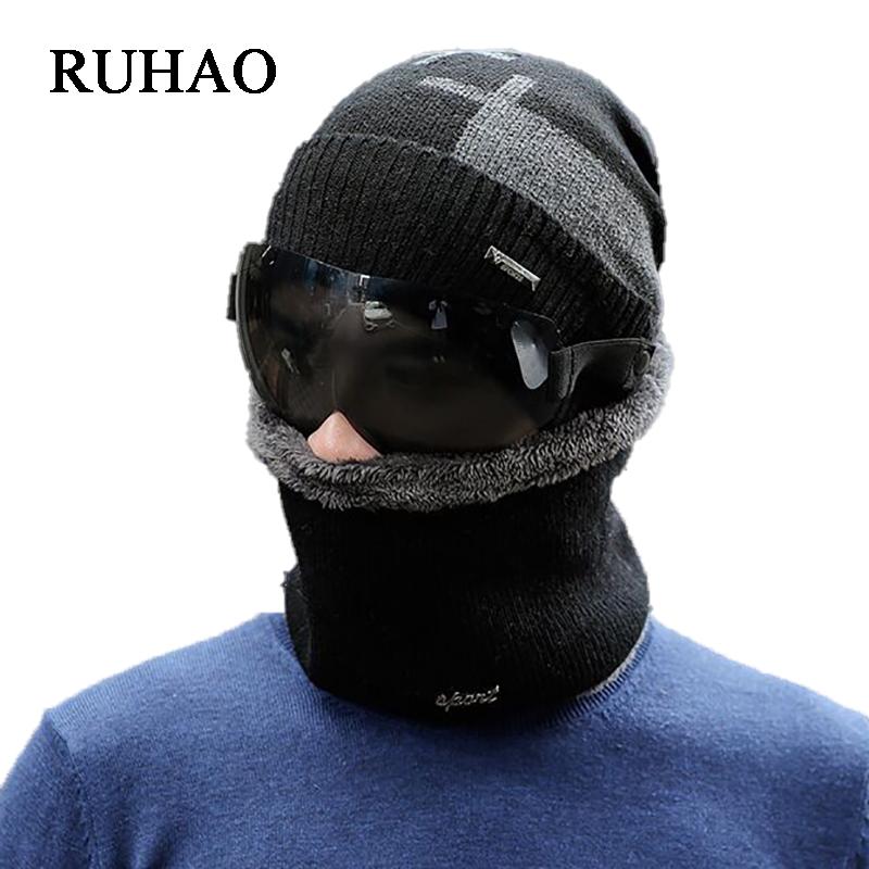 

Hats, Scarves & Gloves Sets Winter Men's Warm Hat Glasses Three-piece Suit Skiing Riding Knitted Skullies Banies For Men Windproof Dustproof