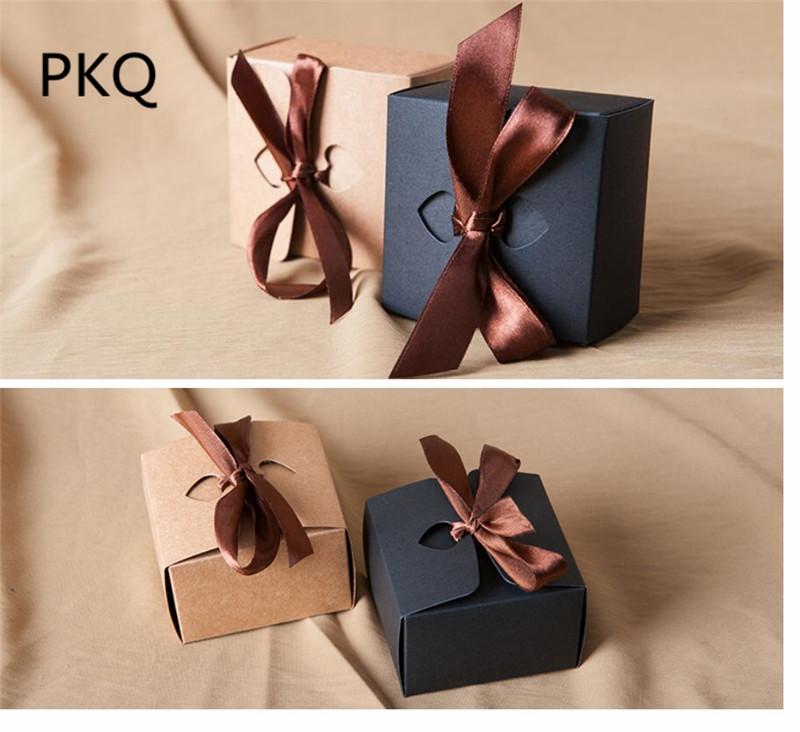 

8*8*5cm Vintage Kraft Paper Small Gift Box With Ribbon Wedding Candy Box Black paper for cookies