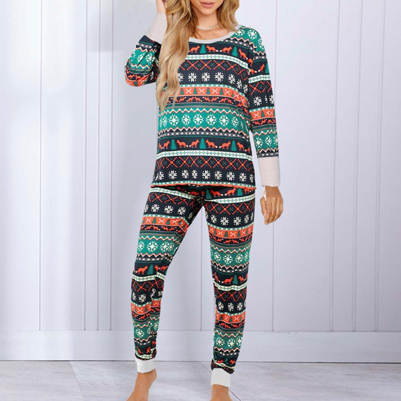 

Christmas Women Pajamas Set Cotton Sleepwear Long Lattice Pants Xmas Print T-shirt Pyjamas Women Clothes Winter Pijamas Full, Green