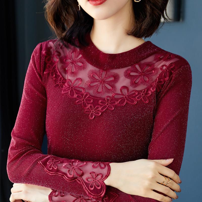 

New 2020 Autumn winter t-shirt for women tops Elegant slim embroidered Mesh t-shirt -5XL plus size women's shirt blusas, Black