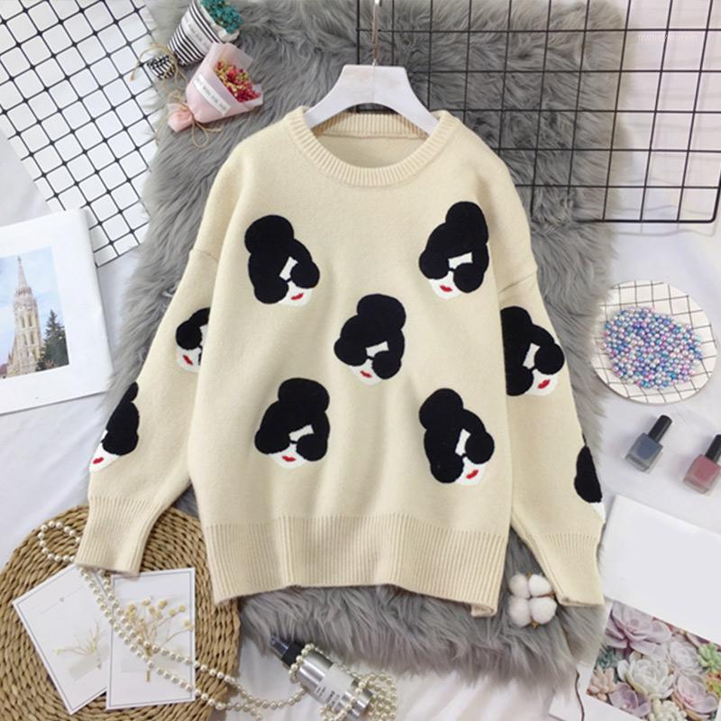 

2020 Winter Knitted O-Neck Print Women's Sweaters Cartoon Human Avatar Loose Female Pullovers Fashion Warm School Ladies Sweater1, Beige