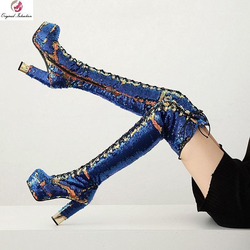 

Winter Platform Women Boots Sequined Cloth Over The Knee Long Boots Round Toe Zip Square Heel High Heels Shoes Woman Size 33-431, Ef8645 black