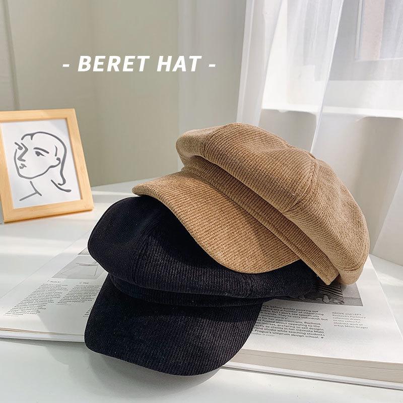 

2020 New Autumn And Winter Fashionable Senior Retro Corduroy Woman Hat Popular Berets British Style Octagonal Hat Painter, Black