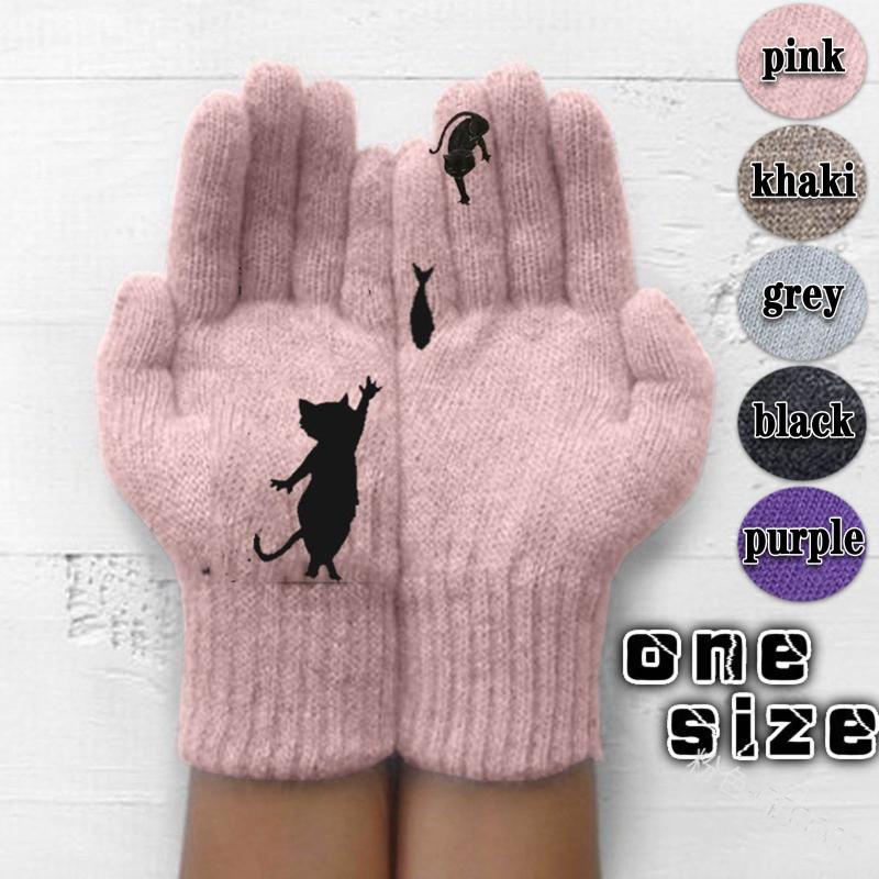 

Ladies Woolen Gloves Autumn And Winter Outdoor Warm Cat Printing Gloves