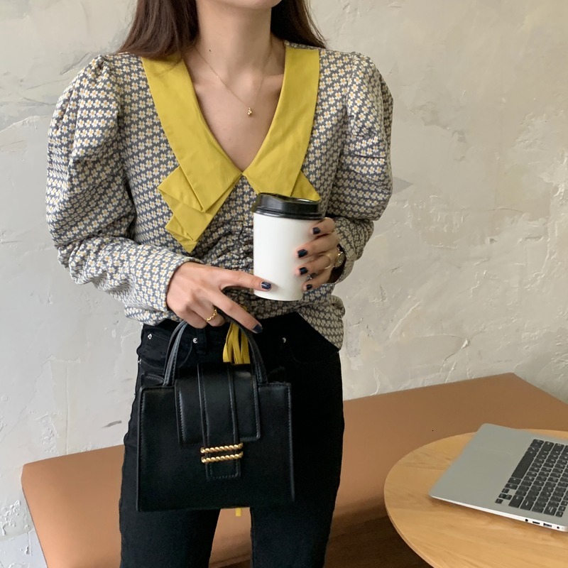 

2021 New Elegant Women's Small Flowers Peter Pan Collar Puff Sleeves String Tie Waist Blouses Spring 47AL, Green