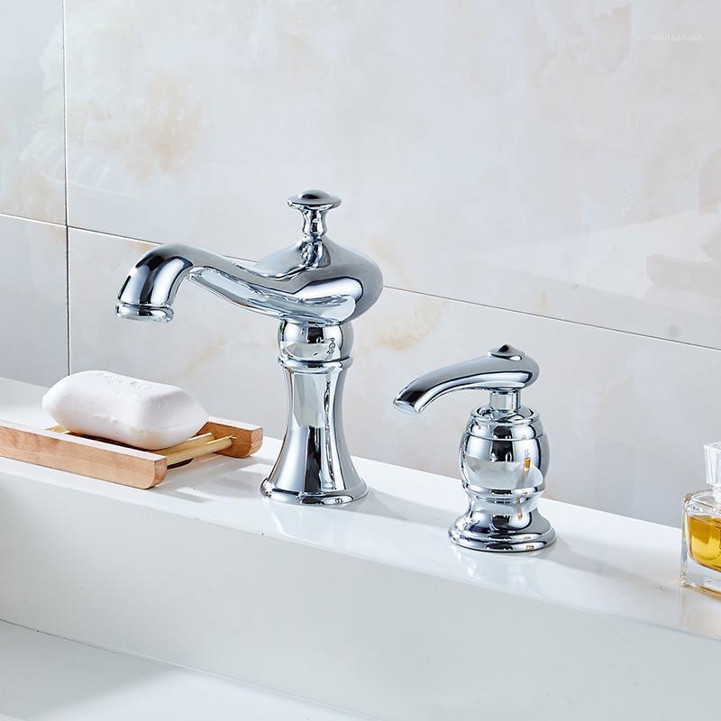

New 2 PCS Brass Bathroom Faucet Two Hole Basin Sink faucet Mixer Taps Cold Hot Water tap With Drain Soap Dispenser Chrome Gold1