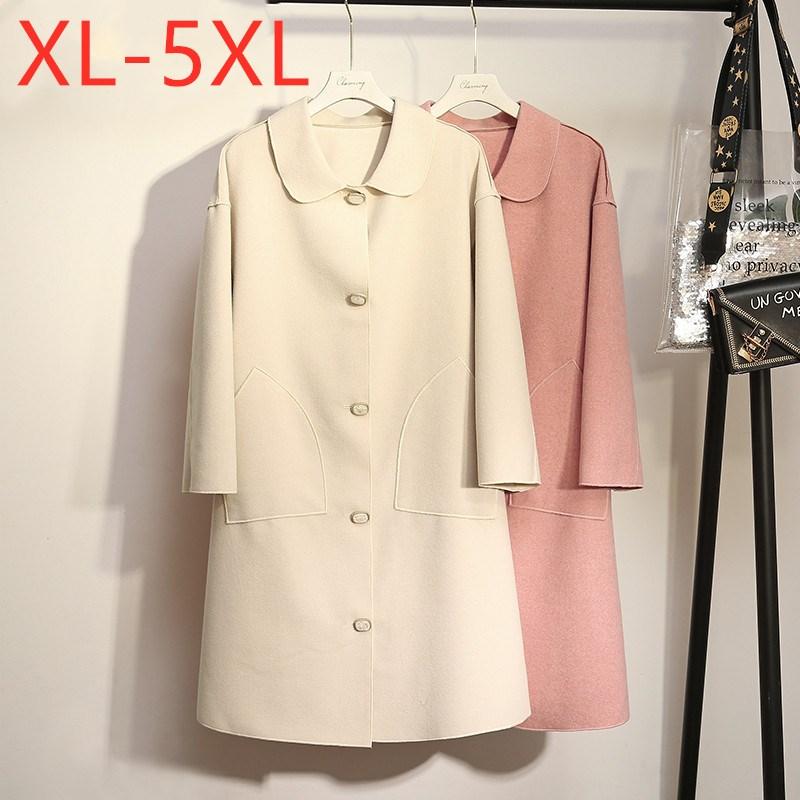 

New 2020 Ladies Autumn Winter Plus Size Long Woollen Jacket For Women Large Long Sleeve Loose Pocket Pink Beige Coat 3XL 4XL 5XL