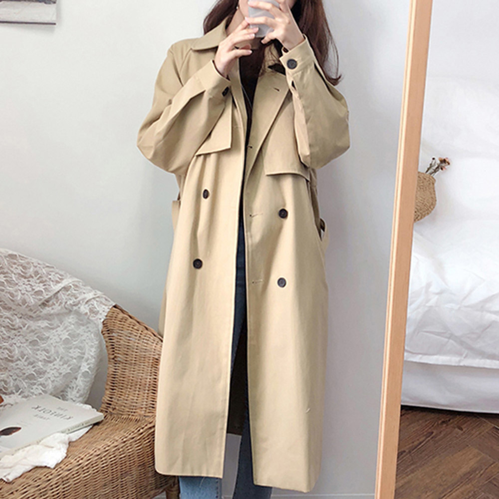 

2021 Trench Women Autumn Double-breasted Mode Belt Retro Office Khaki Chic Campus Feminine Coat Long Coats Ykbo, Black