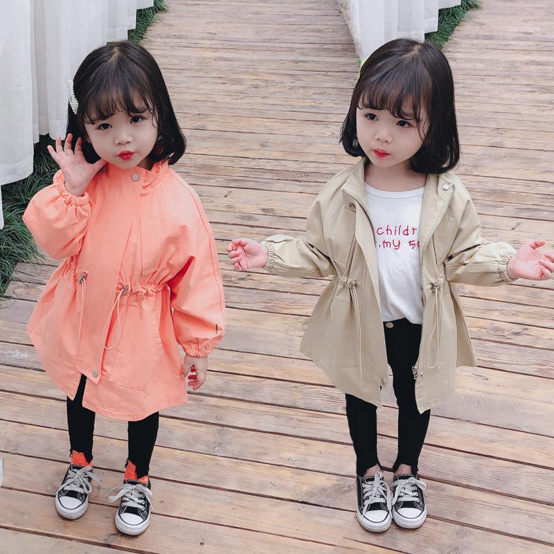 

Spring Autumn fashion girls solid color stand collar trench coat cute kids casual all-match long jackets1, Khaki