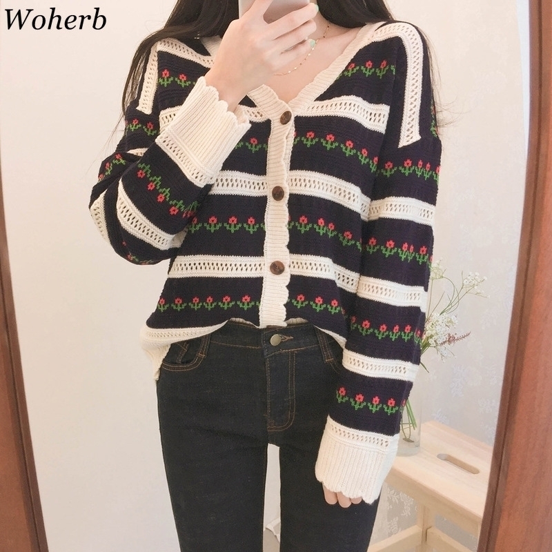 

Woherb Korean Elegant V Neck Women Thin Cardigans Chic Vintage Floral Jacquard Sueter Mujer Sweet Cute Knit Sweater Coat 201130, Pink