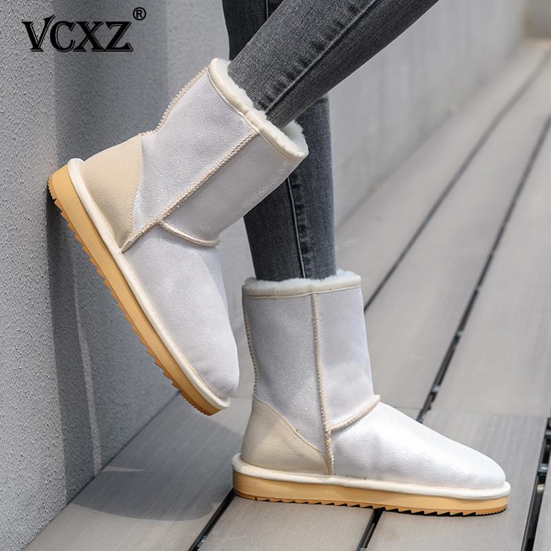 

VCXZ New Fashion Cowhide Leather Winter keep warm Boots high quality Wool Lined Waterproof All-match Women Boutique Snow Boots, Pearl silver