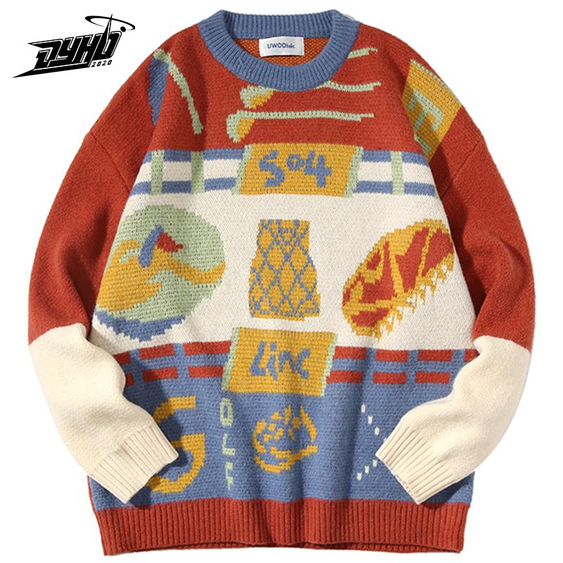 

Hip Hop Men's Knitted Pullover Sweater Male Oversize Japanese Color Matching Pattern Knitwear Jumper Women Sweater Cotton O-Neck, Green