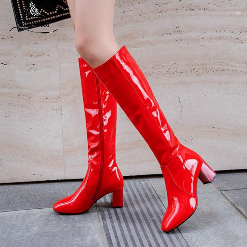 

Sgesvier Pattent leather knee high boots for women 6cm block heels red white black lady winter leather shoes botte femme 451