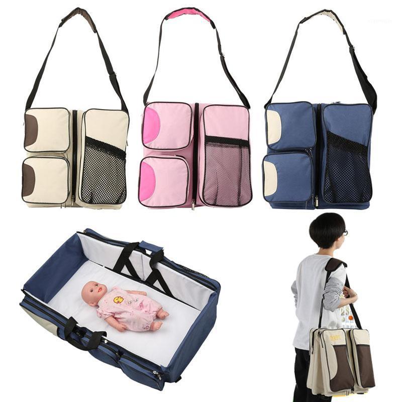 

New 3 In 1 Waterproof Baby Travel Crib Changing Diapers Foldable Mummy Shoulder Bag Baby Nappy Bag Bassinet Crib Diapers Tote1, Blue