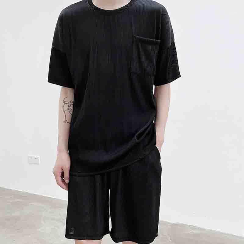 

Short sleeve suit 5-point casual shorts striped T-shirt Korean men' fashion men' loose summer clothes youth pleats1, Black