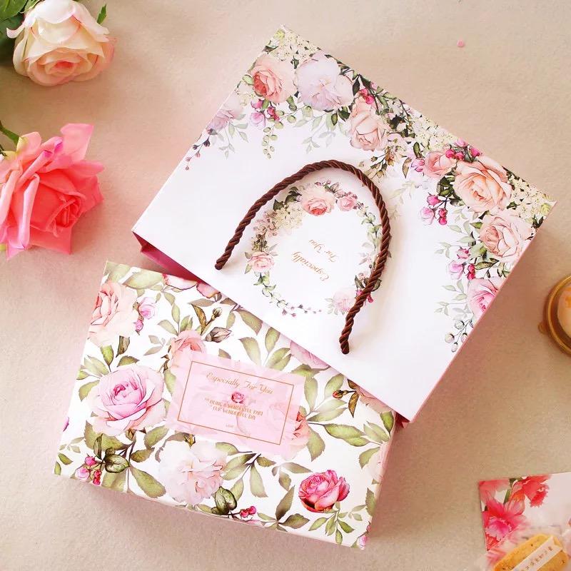 

21*14*5cm 5pcs spring rose in garden Cookie mooncake Gift Paper Box and bag Macaron Chocolate Sweet Candy Storage Boxes
