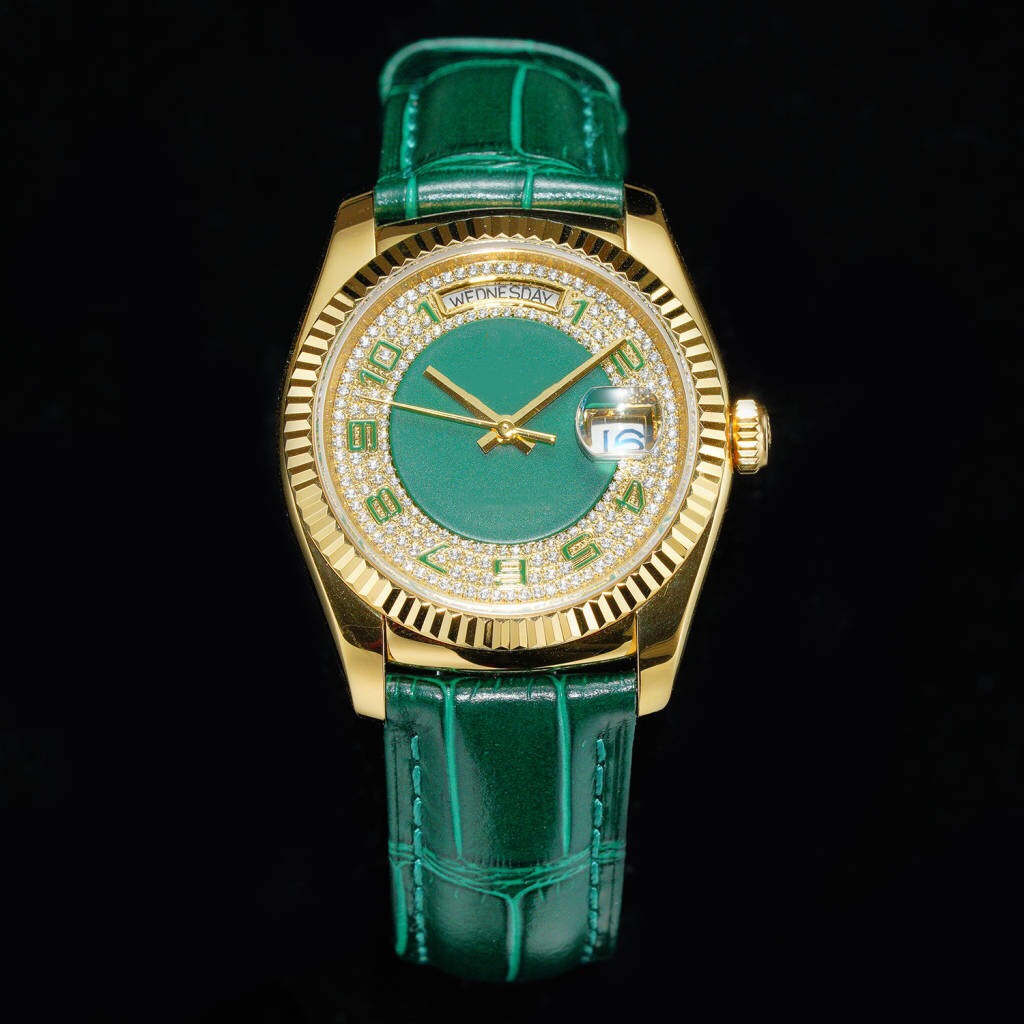 

New High quality 18k gold 36mm Diamond dial fashion women watch Stainless steel Mechanical automatic Ladies watches Leather strap Wristwatch, Sapphire