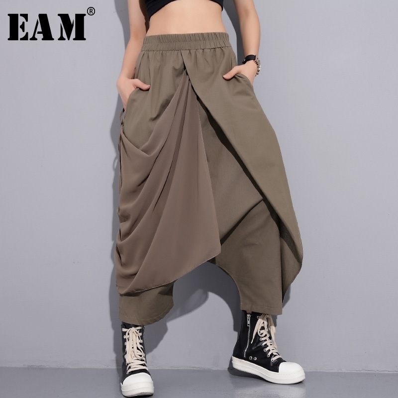 

[EAM] New Spring High Elastic Waist Black Fold Bandage Stitch Loose Long Cross-pants Women Trousers Fashion JF897 201031, Gray green