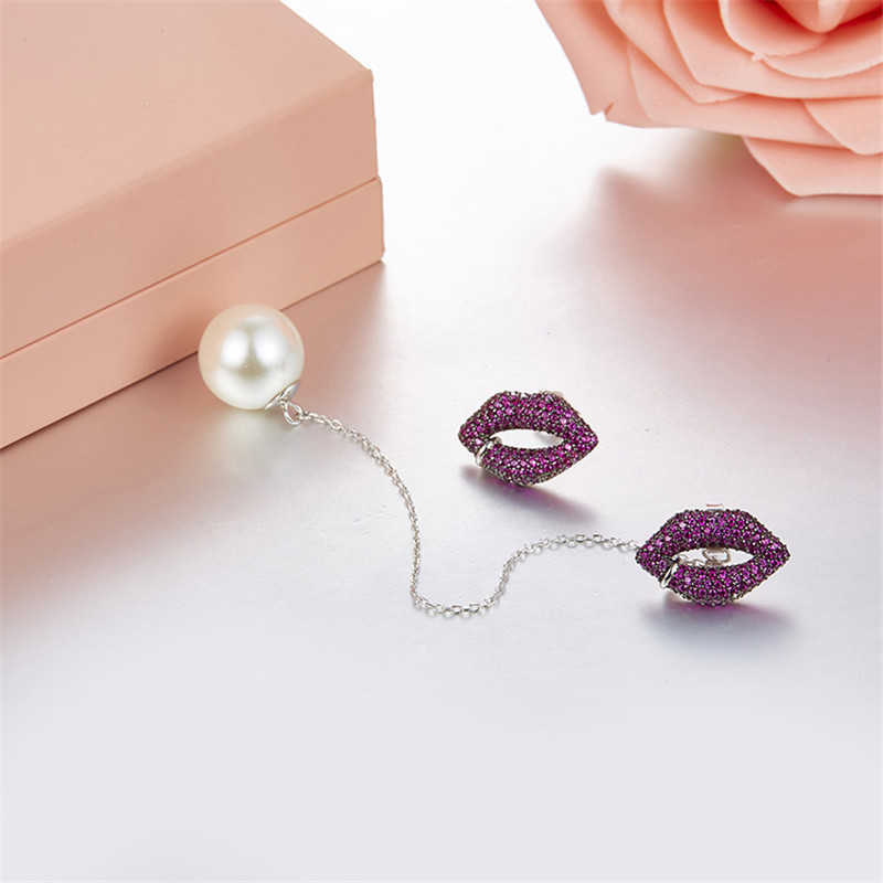 

HEF jewelry original red lip Earrings female sexy asymmetric personality Earrings 925 Silver