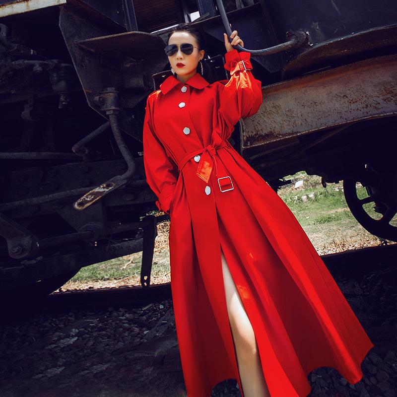 

New Autumn Winter Women Outwear Solid Color Turn Down Collar Ultra Long Large Size Slim Waist Female Windbreaker Red Trench Coat, Black