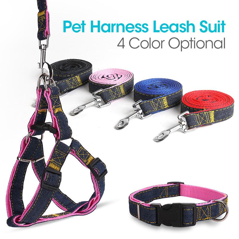 

Denim Sewn Pet Dogs Harness Leash Collar Suit Safe Universal Seat Belt Vest Adjustable Personality For Small Medium Big Dogs