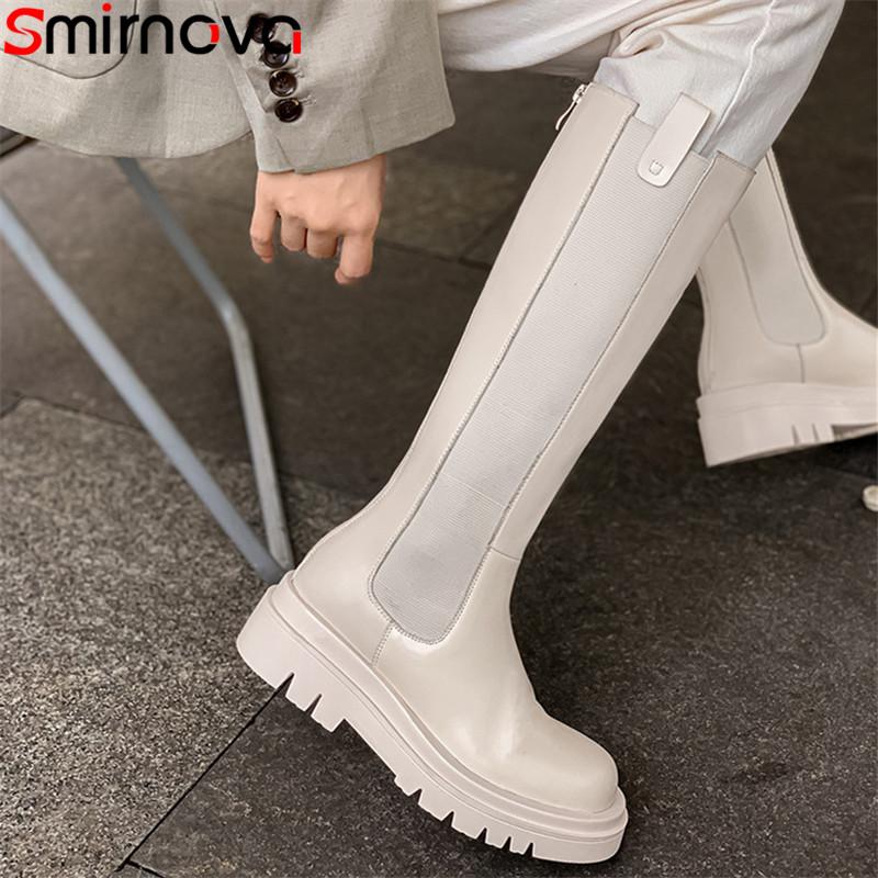 

Smirnova 2021 newest long boots woman genuine leather thick bottom casual shoes round toe autumn winter knee high boots woman, Black with fur