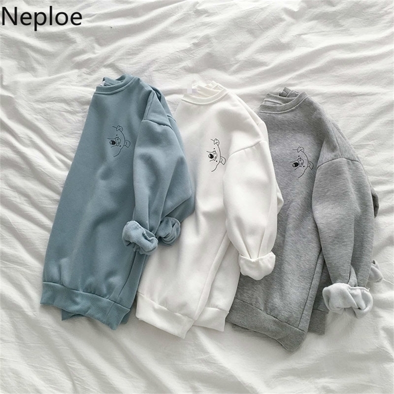 

Neploe Cartoon Print Hoodies Women Korean O Neck Long Sleeve Coats Femme Loose Casual Plus Velvet Female Sweatshirts 1C818 201216, White