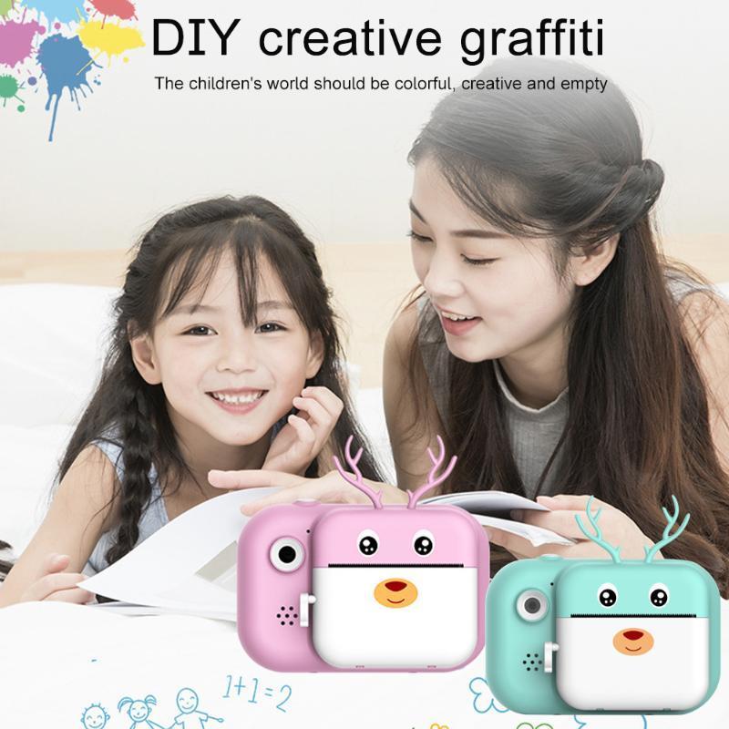 

16G 24MP For Kids 1080P HD Video Zero Ink Instant Print Camera USB Rechargeable Cute Antler Selfie 2.4inch Screen Mini Portable1