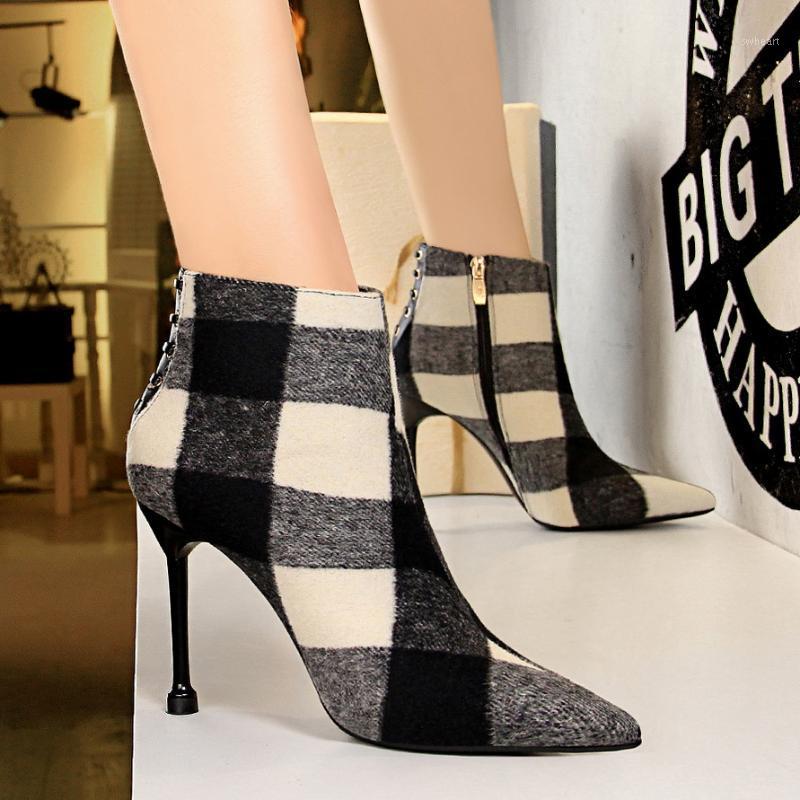 

BIGTREE New Fashion Winter Women Boots Casual Flock Thin Heel Pointed Toe Boots Shoes Women Ankle Zipper Plaid Boots663-31, Black