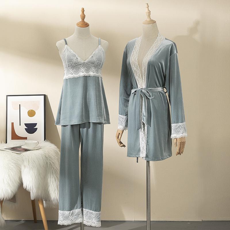 

Pajamas Women Autumn And Winter Long Sleeve Robe Sling Trousers Golden Velvet 3PCS Lace Sexy Home Clothes Nighty For Bride, 3pcs lake blue
