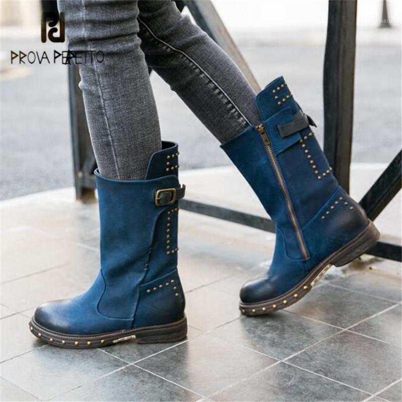 

Prova Perfetto Women Blue Autumn Winter High Boots Retro Flat Knight Boot Rivets Studded Riding Boots Strap Buckle Botas Mujer1
