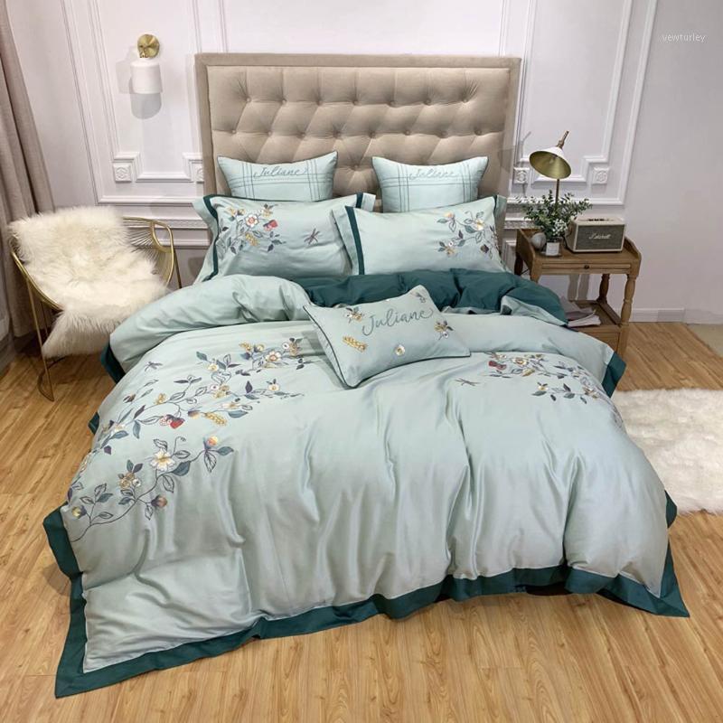 

Papa&Mima Light Green Flowers Egyptian Cotton Oriental Bedding Sets Queen King Size Embroidery Duvet Cover Set Sheets Bedlinen1, 20205045