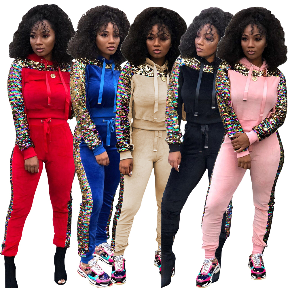 

2021 The New New Women's Fall Winter Clothes Casual Sequins Two Pieces Hooded Outfits Pencil Pants Spring Training Sets Bted, Pink.