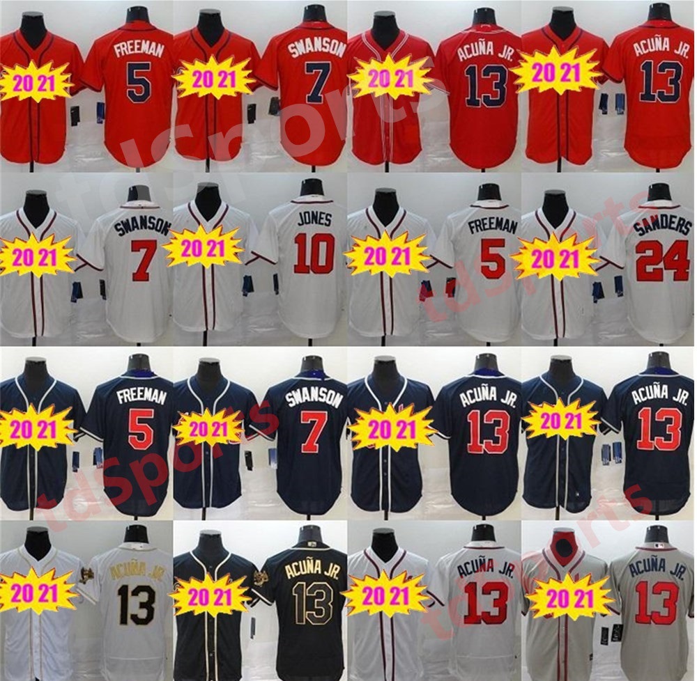 

New 2020 21 Men Women kids youth 13 Ronald Acuna Jr Jersey 5 Freddie Freeman 7 Dansby Swanson 24 Deion Sanders Jerseys, As shown in illustration