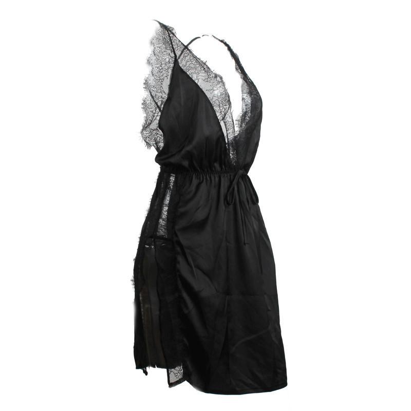 

Temperament and interest clothing Lace hem side slits sexy deep v dew back cross-strap perspective eyelash suit, Black