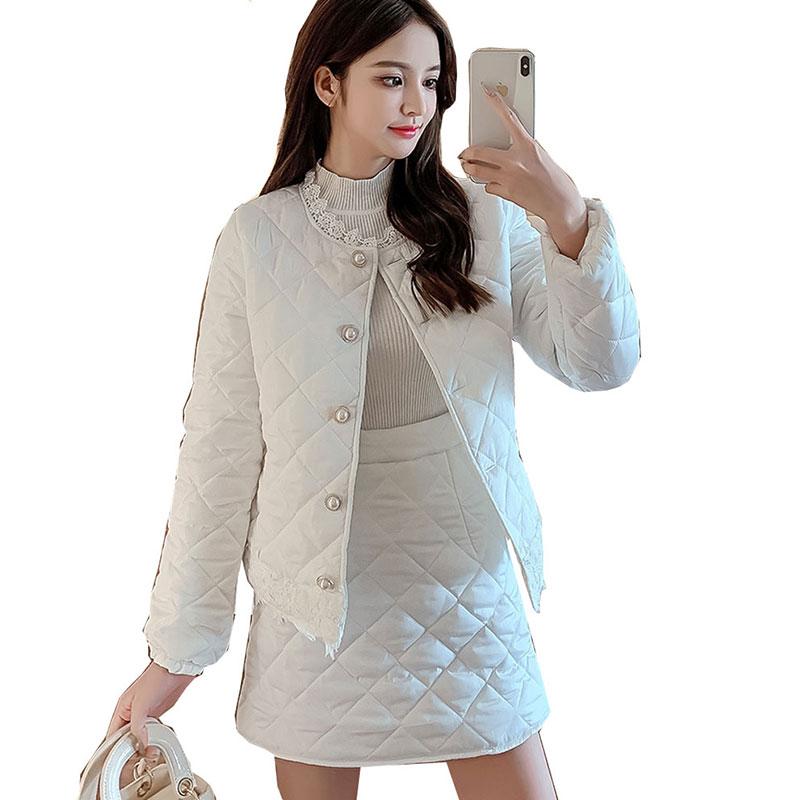 

2021 Winter New Women Short Suit Cotton Coat Fashion Two Piece Padded Jacket Casual Warm Outwear Solid Color Female Parka BC114, Black