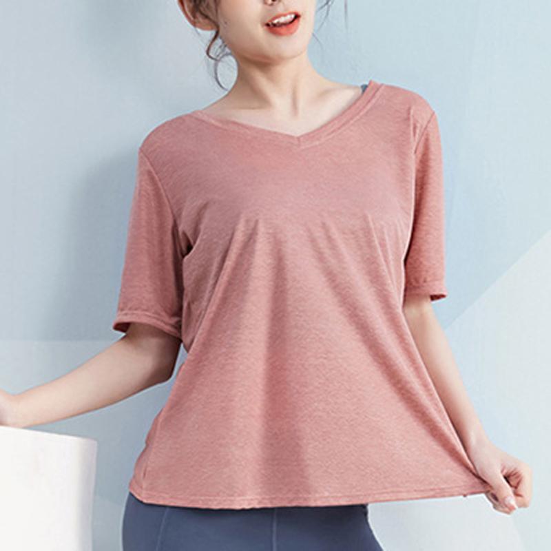 

BINAND Loose Yoga Top Women V-collar Sports Top Sexy Fitness T-shirt Backless Gym T-shirt Sport Shirt Running Shirt Training, Pink