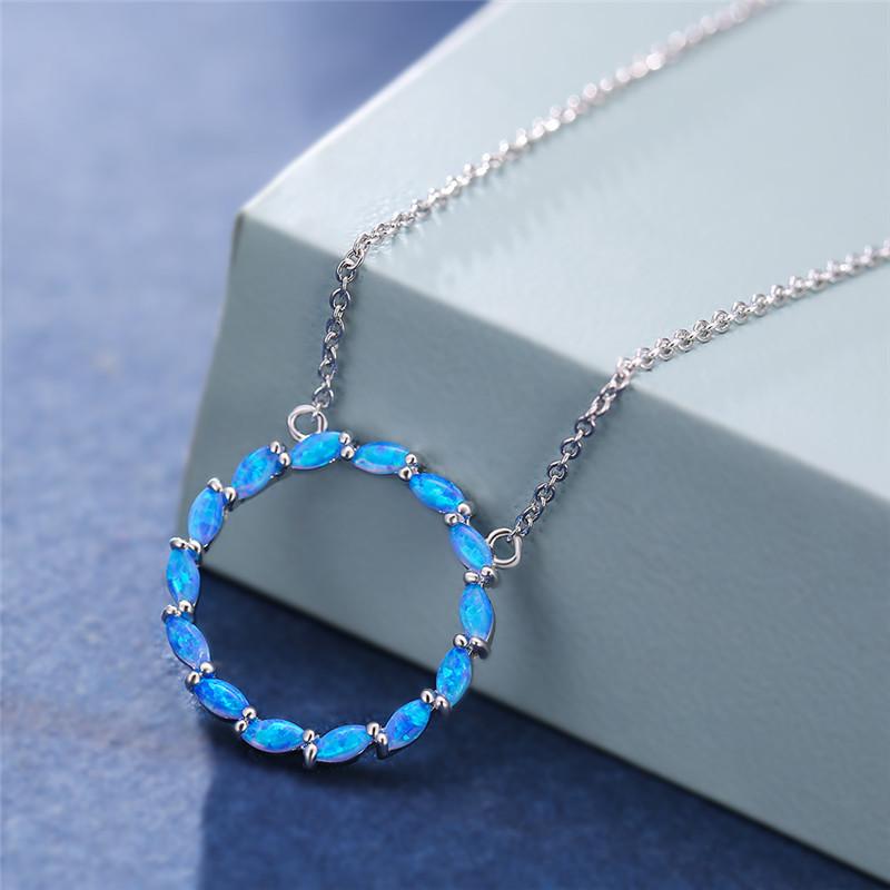 

Unique Female Blue White Opal Pendant Necklace Silver Color Chain Necklaces For Women Love Wedding Cute Leaf Necklace