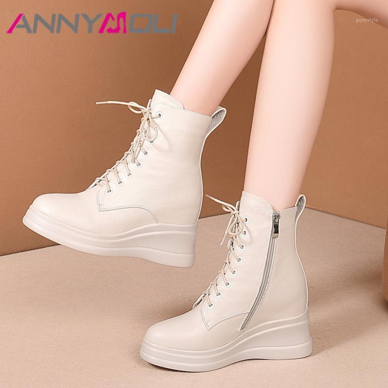

ANNYMOLI Short Boots Women Shoes Real Leather Platform High Heel Ankle Boots Zip Wedge Heels Lace Up Lady Autumn Winter 401, Black synthetic lin