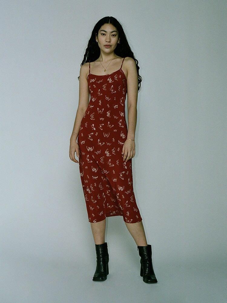 

Women Butterfly Floral Print Casual Long Dress Silk Spaghetti Strap Dress, As show picture