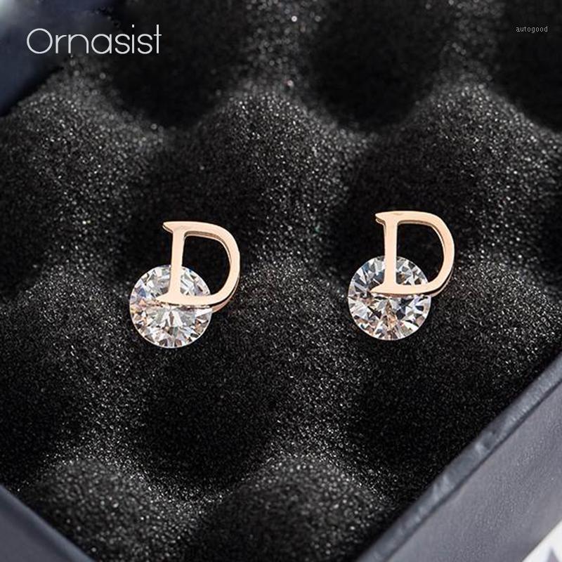 

Stud Luxury Zircon Titanium Steel Earring Rose Gold Piercing Letter D Earrings For Women's Ear Jewelry1