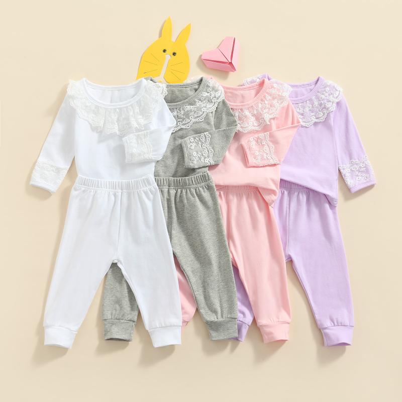 

Clothing Sets 2PCS Baby Girls Set Solid Round Collar Lace Top+Elastic Waist Pants Infant Fall Outfits Born Clothes, White