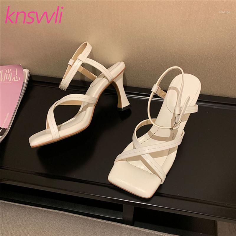

New Gladiator Sandals Woman High Heels Runway Party Shoes Woman Leather Cross Strap Sandalias Mujer Summer Women Sandals1, White