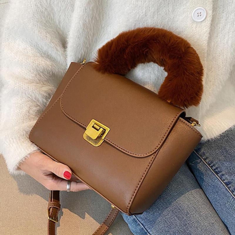 

Vintage Plush Tote bag 2021 Fashion New High quality PU Leather Women's Designer Handbag Solid color Shoulder Messenger Bag, Beige